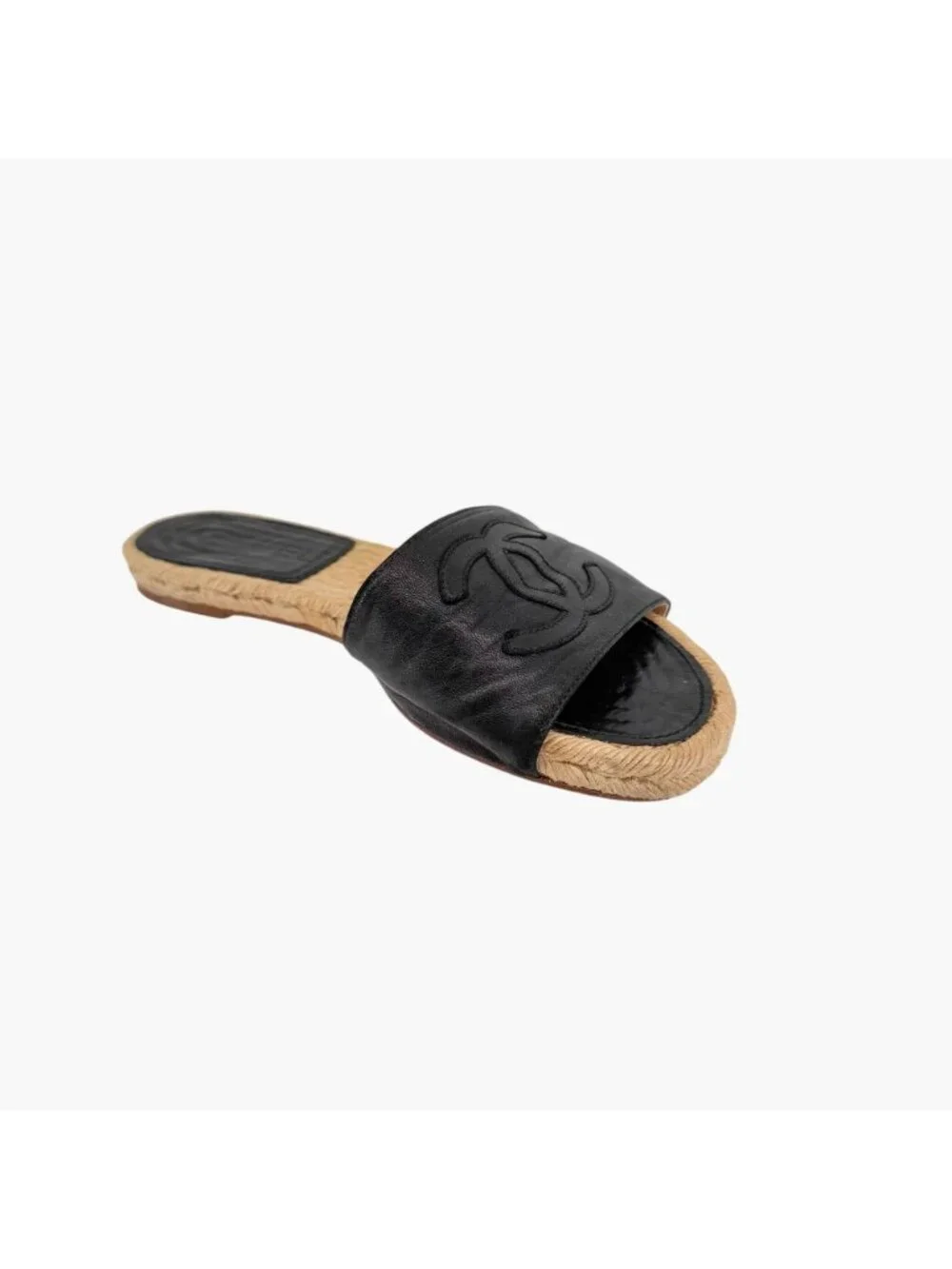 Chanel CC Flat Espadrille Mule Slide Sandals Black Leather Size 38 US 7-7.5
